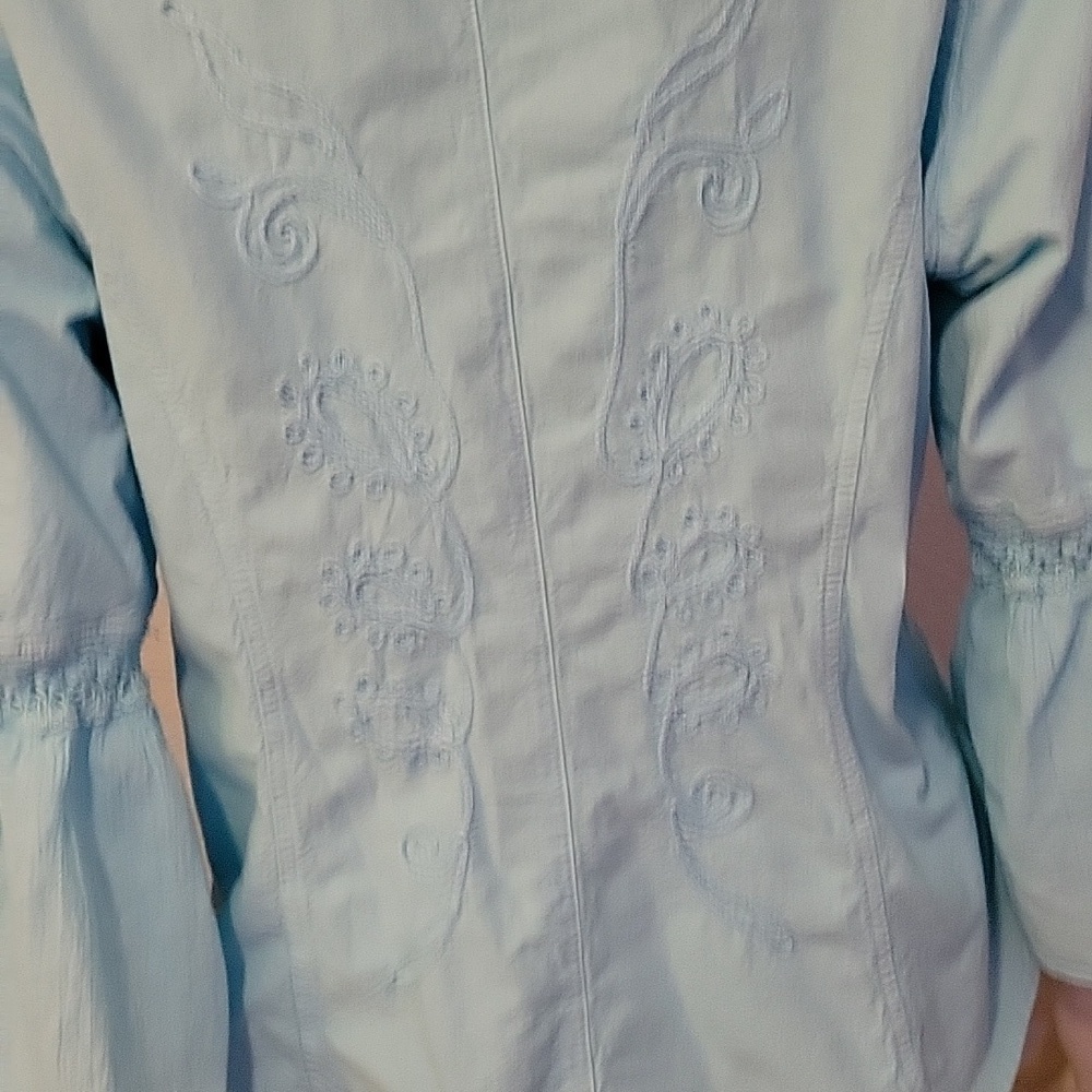 G DESIGNS Icy Blue Floral Embroidered Ruffle Bell Sleeve Button Down Shirt - Picture 9 of 10